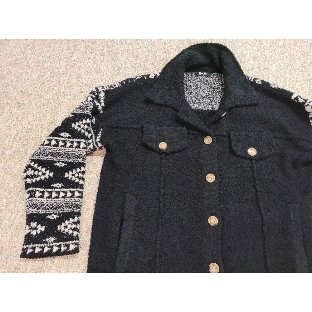 Miss Me Jacket Womens Small Black White Wubby Print Button‎ Down Soft Fuzzy